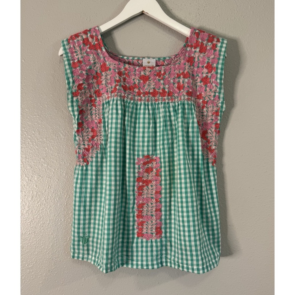 J.Marie Embroidered Gingham Cotton Top Pink Floral Boho Peasant Size Small
